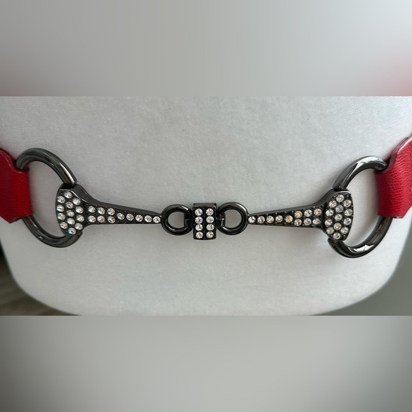 Brambilla Milano Italian Red Leather Belt, Rhinestone Studded Front Detail - Picture 2 of 10